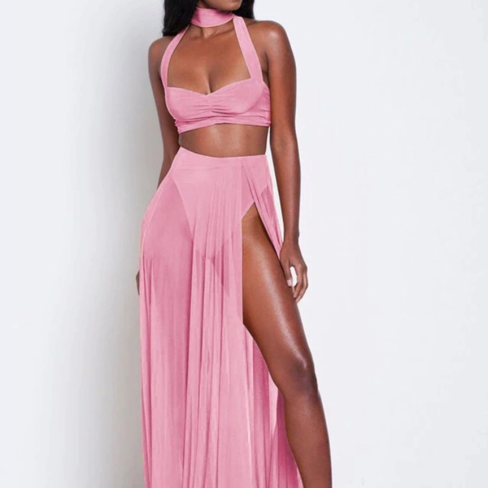 Pink Chiffon long Summer Halter Beach dress